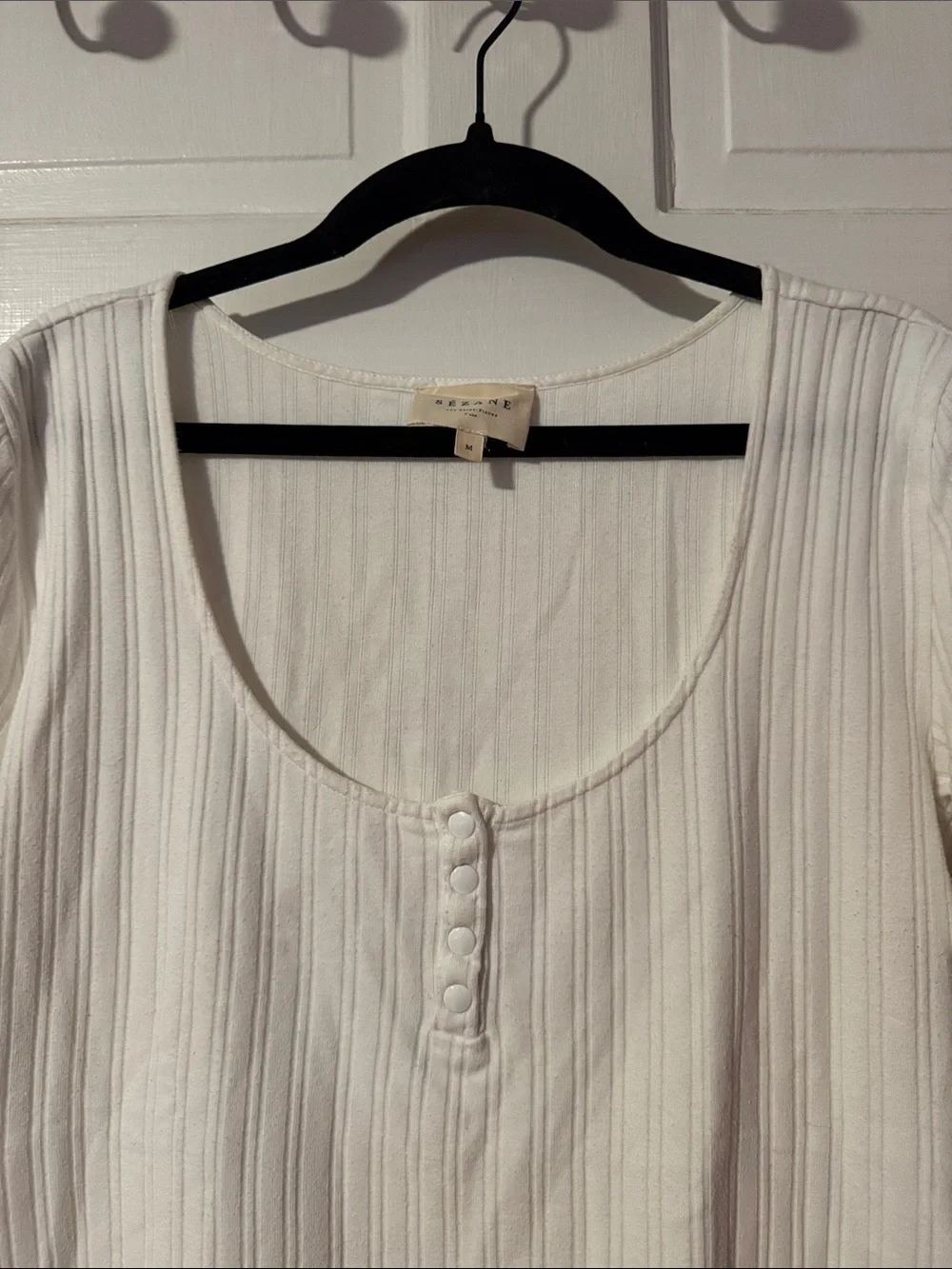 Sezane Mao Ecru White Ribbed T-shirt Size Medium - Picture 3 of 10